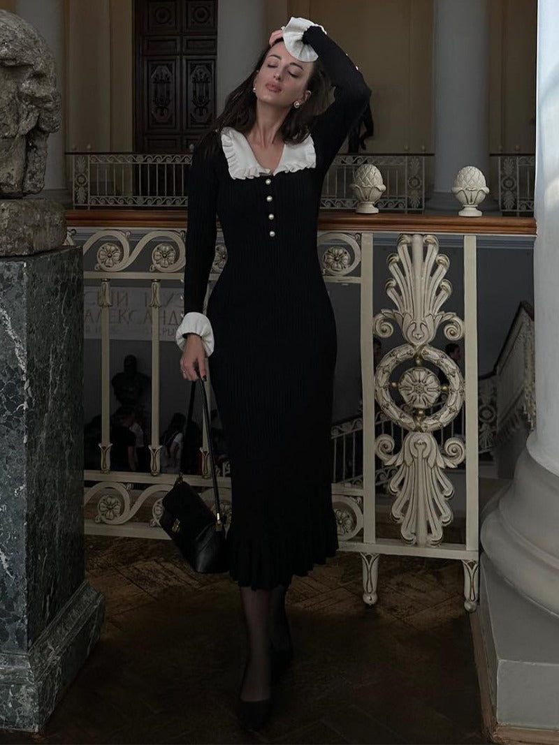 Vintage Woman's Retro Elegant Maxi Dress - High Waist Knitted Slim Long Dress for Women in Autumn and Winter