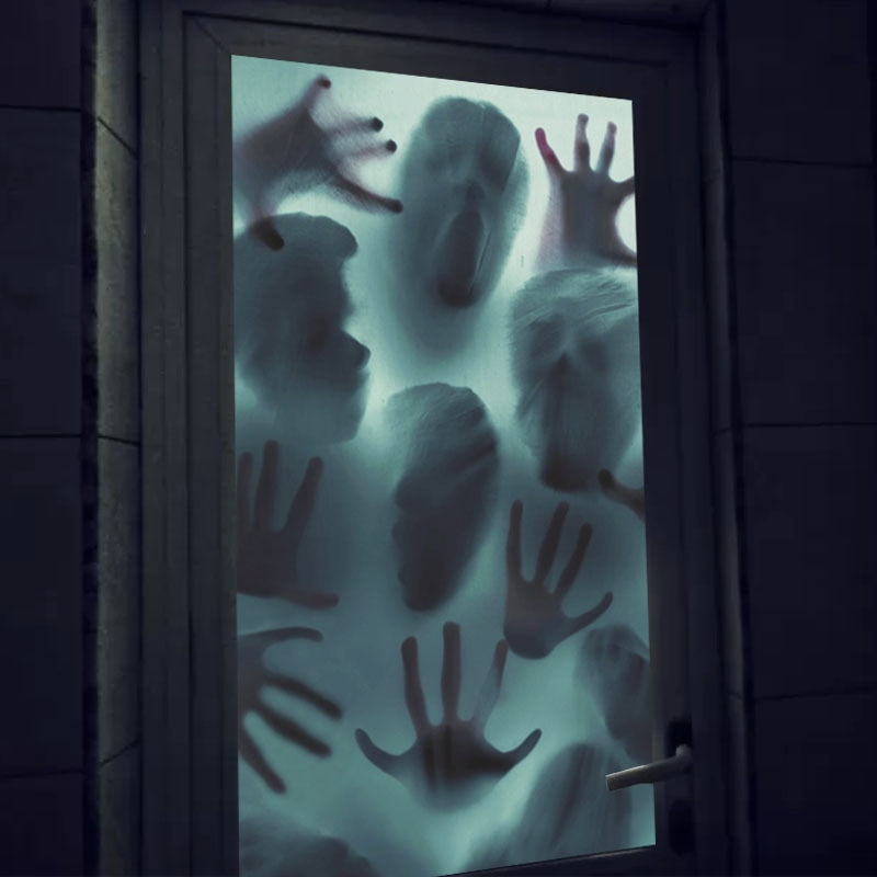 Spooky 2023 Halloween Window Decoration Sticker - Ghostly House Blood Handprints - Self-Adhesive PVC Wall Decor - Instant Party Atmosphere