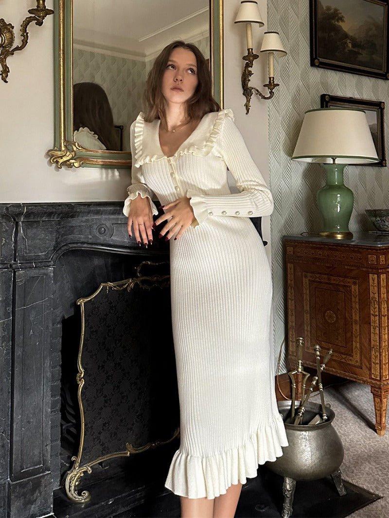 Vintage Woman's Retro Elegant Maxi Dress - High Waist Knitted Slim Long Dress for Women in Autumn and Winter
