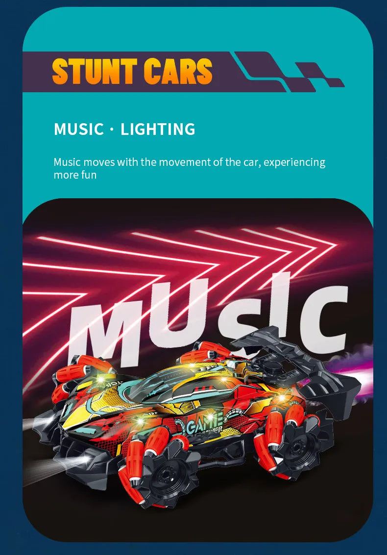 RC Drift Car with Music, LED Lights, and 2.4G Gesture Remote Control - 4WD Electric Stunt Car for Children, F2 Spray Radio Control Toy