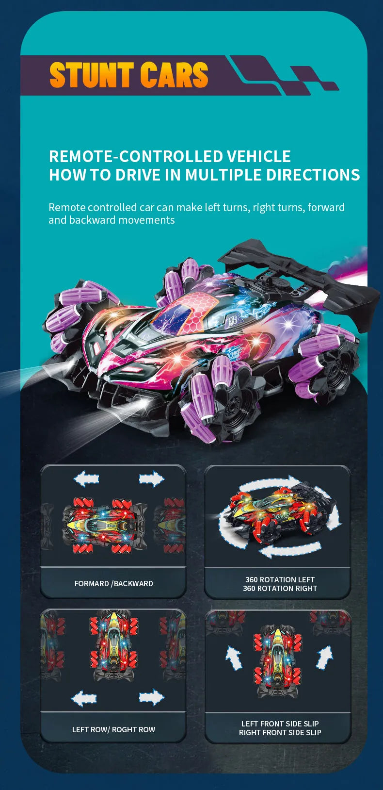 RC Drift Car with Music, LED Lights, and 2.4G Gesture Remote Control - 4WD Electric Stunt Car for Children, F2 Spray Radio Control Toy