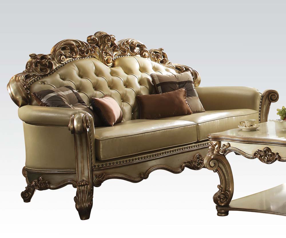 Vendome Sofa w/4 Pillows in Bone PU  Gold Patina 53000