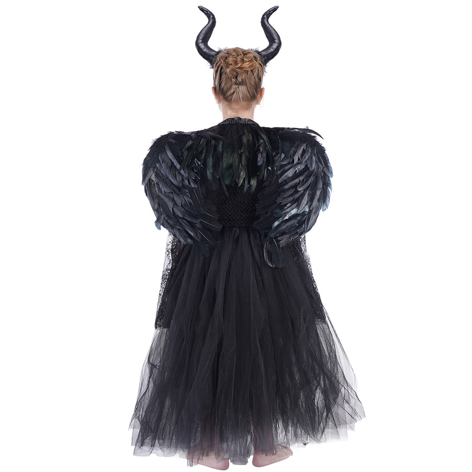 Deluxe Witch Halloween Costume for girls - Glam Gown with Feather Shawl - Girls' Fancy Dress as the Demon Queen Witch - Tutu Dress Collection