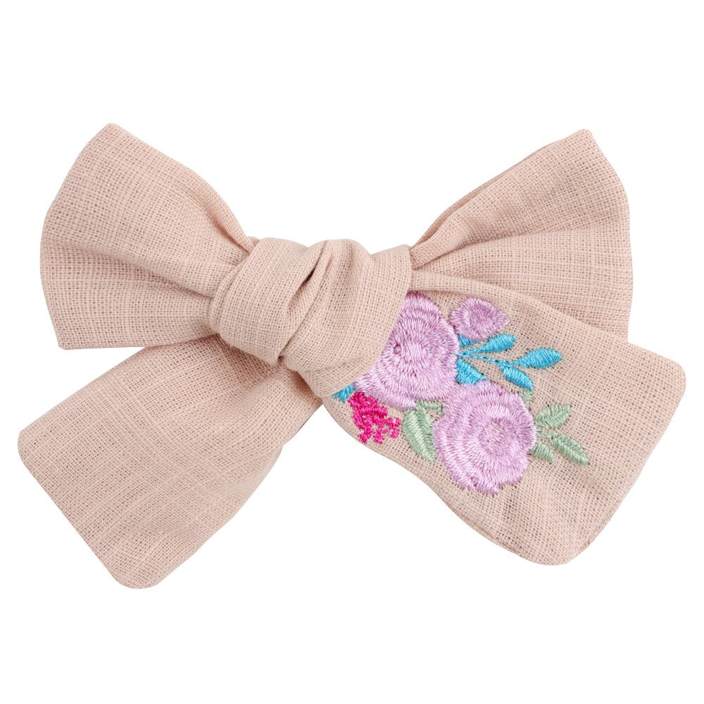 Cute Infant Spring Summer Hair Accessories - Baby Girls' Big Bows Hairclip Collection in Embroidered Cotton Linen Barrettes