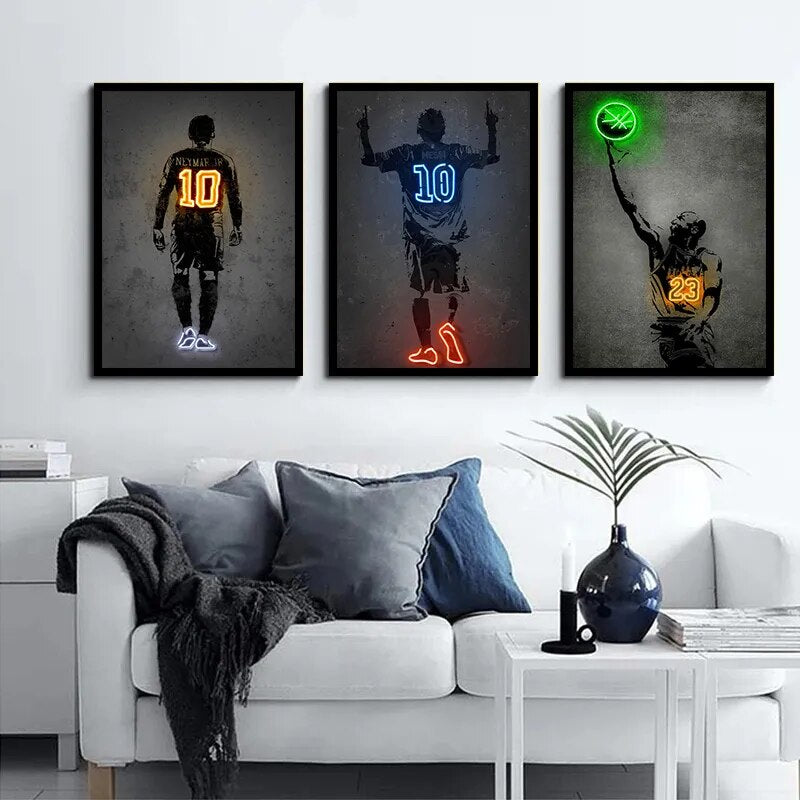 Neon Effect Sports Star Posters - Basketball and Football Graffiti Canvas Art Prints for Home Decor