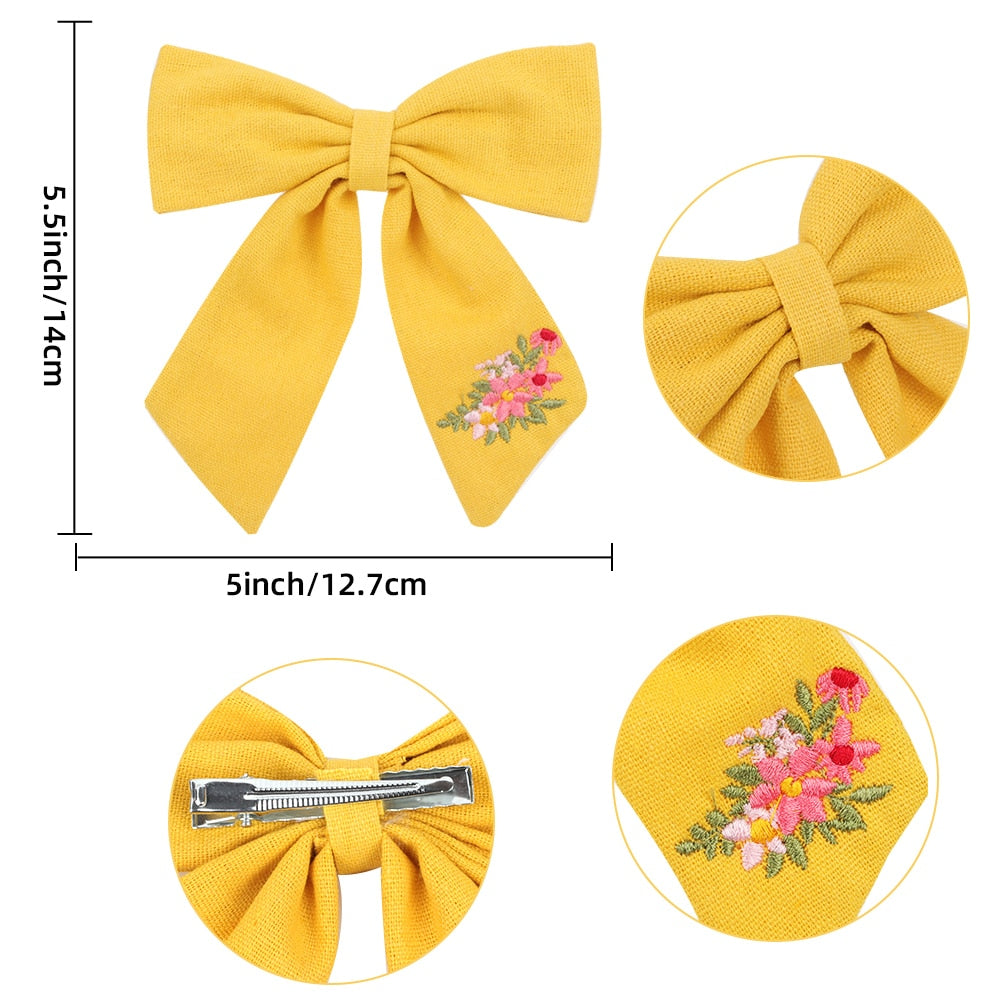 Cute Infant Spring Summer Hair Accessories - Baby Girls' Big Bows Hairclip Collection in Embroidered Cotton Linen Barrettes