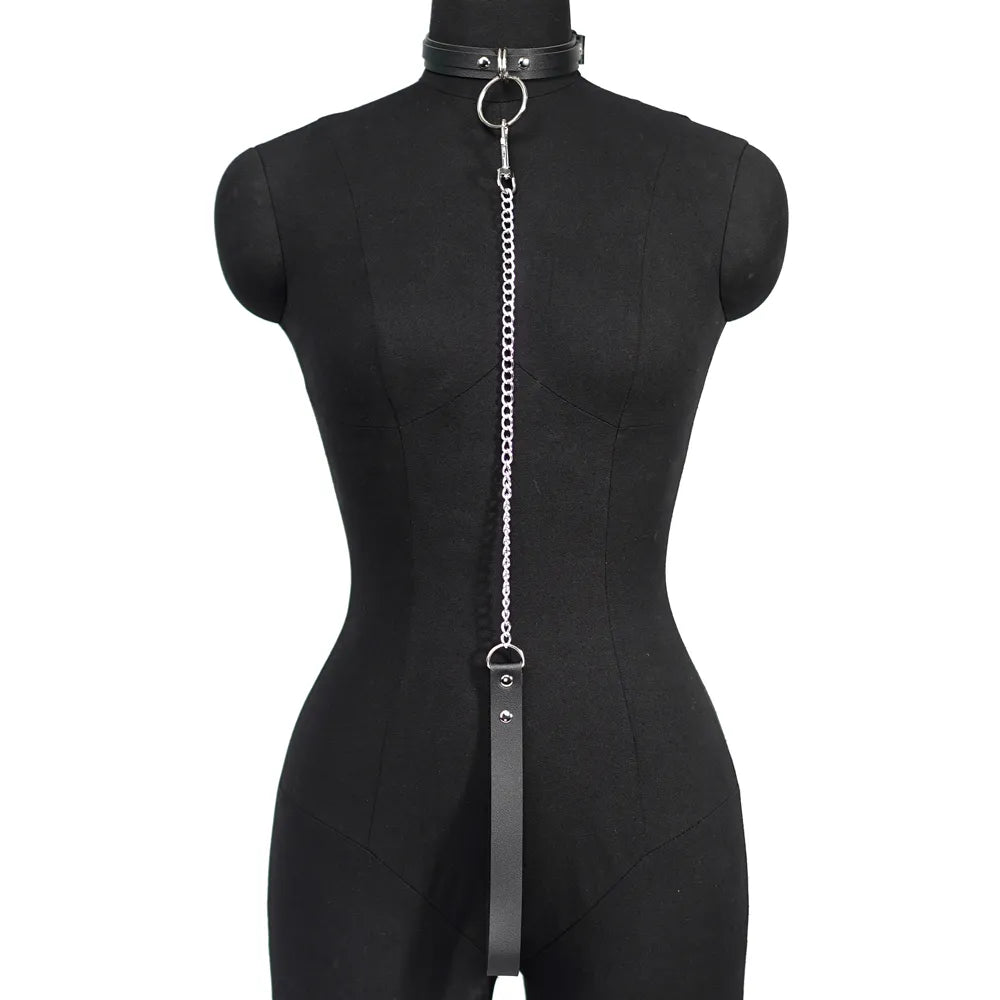 Women's Sexy Cosplay Leather Mask with Chain Harness Necklace - Masquerade Ball, BDSM, and Punk Collar Accessory - Seductive Party Mask