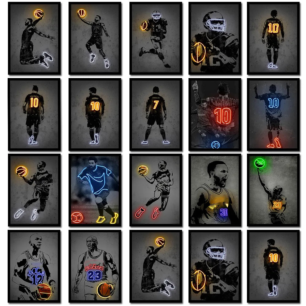 Neon Effect Sports Star Posters - Basketball and Football Graffiti Canvas Art Prints for Home Decor