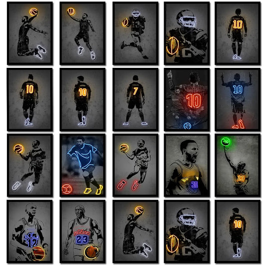 Neon Effect Sports Star Posters - Basketball and Football Graffiti Canvas Art Prints for Home Decor