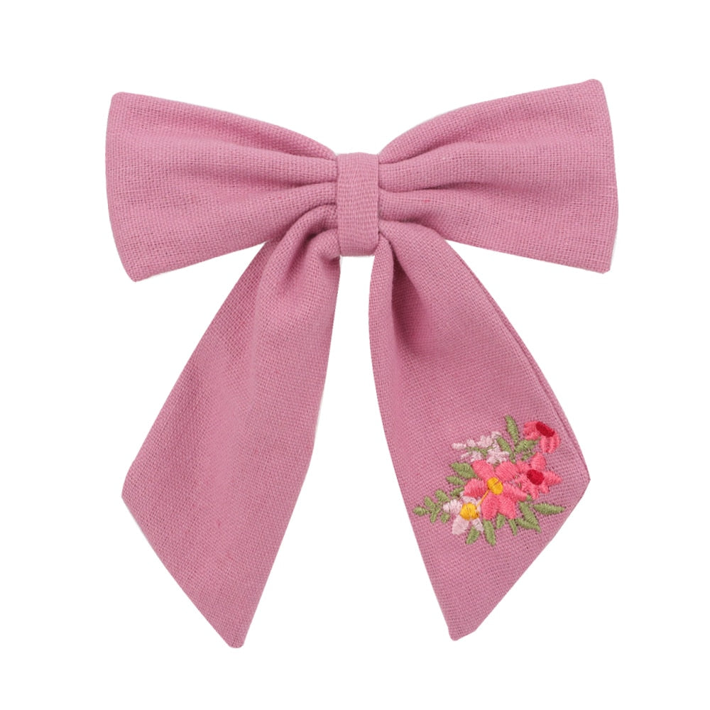 Cute Infant Spring Summer Hair Accessories - Baby Girls' Big Bows Hairclip Collection in Embroidered Cotton Linen Barrettes