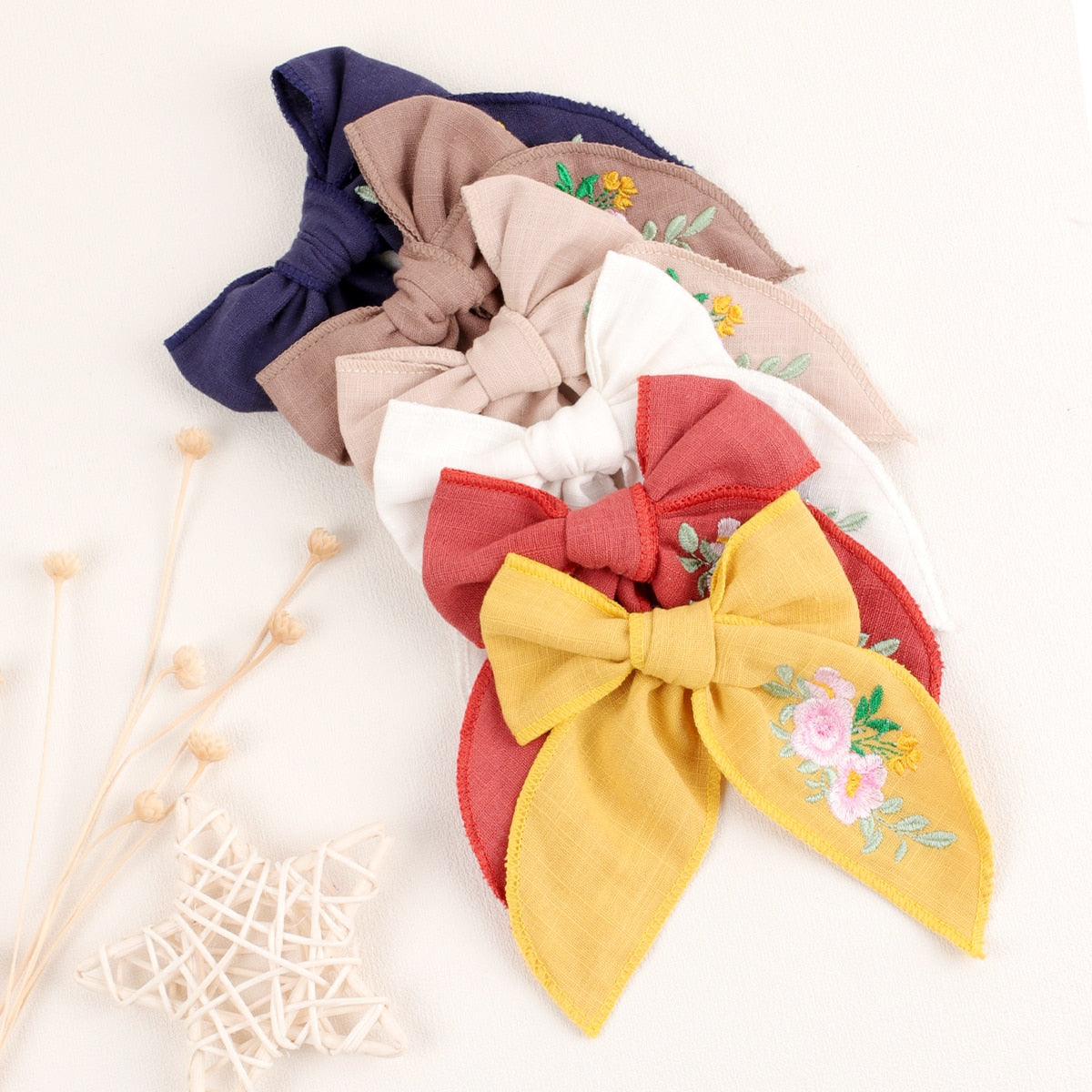 Cute Infant Spring Summer Hair Accessories - Baby Girls' Big Bows Hairclip Collection in Embroidered Cotton Linen Barrettes