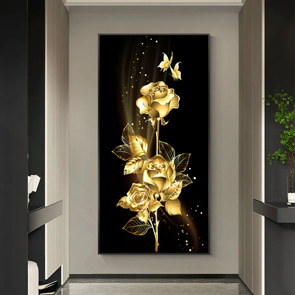 1pc Light Luxury Black Gold Rose and Butterfly Canvas Painting - Wall Art Decor - Living Room and Bedroom Poster