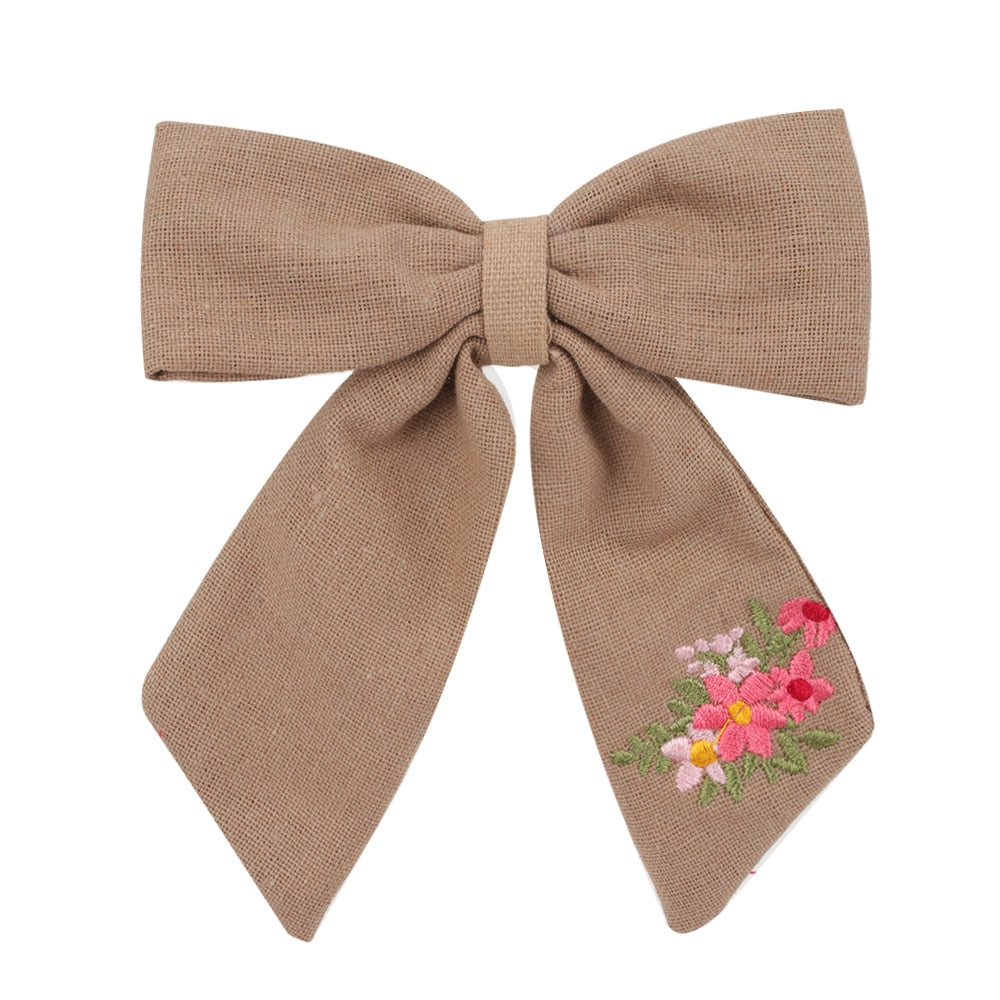 Cute Infant Spring Summer Hair Accessories - Baby Girls' Big Bows Hairclip Collection in Embroidered Cotton Linen Barrettes