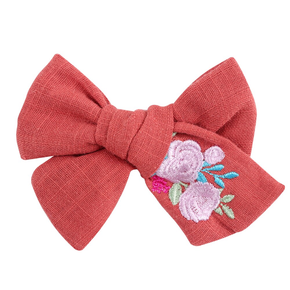 Cute Infant Spring Summer Hair Accessories - Baby Girls' Big Bows Hairclip Collection in Embroidered Cotton Linen Barrettes