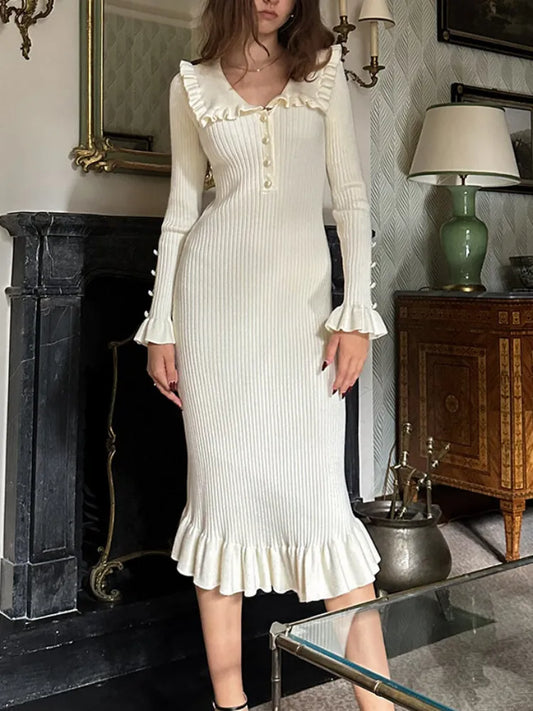 Vintage Woman's Retro Elegant Maxi Dress - High Waist Knitted Slim Long Dress for Women in Autumn and Winter
