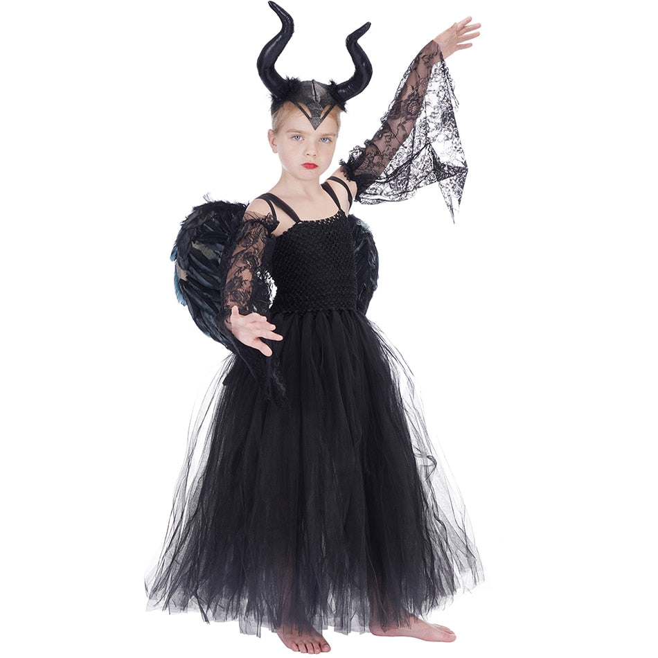 Deluxe Witch Halloween Costume for girls - Glam Gown with Feather Shawl - Girls' Fancy Dress as the Demon Queen Witch - Tutu Dress Collection