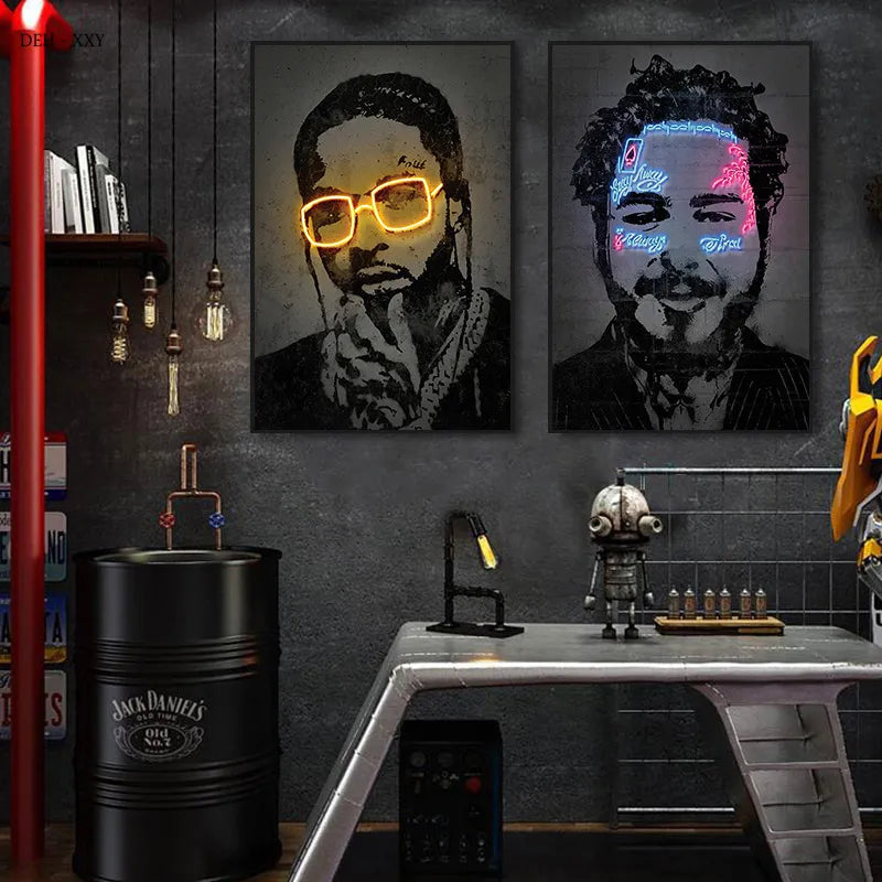 Neon Theme Rap Stars Wall Art - High Quality Graffiti Canvas Paintings for Home, Room, Studio, and Bar Decor