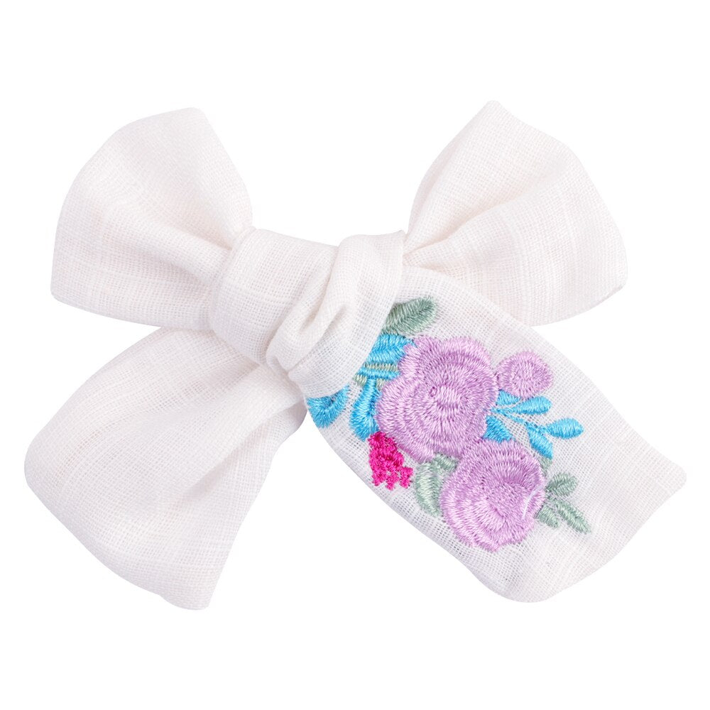 Cute Infant Spring Summer Hair Accessories - Baby Girls' Big Bows Hairclip Collection in Embroidered Cotton Linen Barrettes