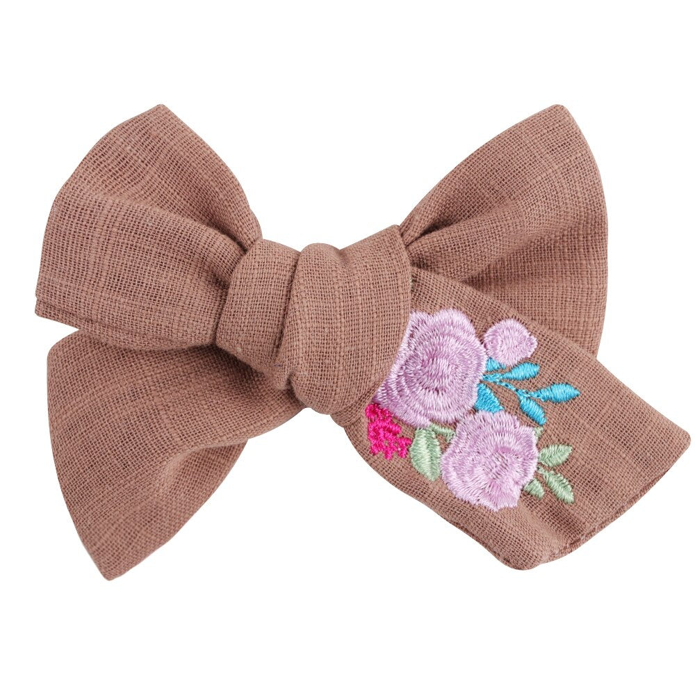 Cute Infant Spring Summer Hair Accessories - Baby Girls' Big Bows Hairclip Collection in Embroidered Cotton Linen Barrettes