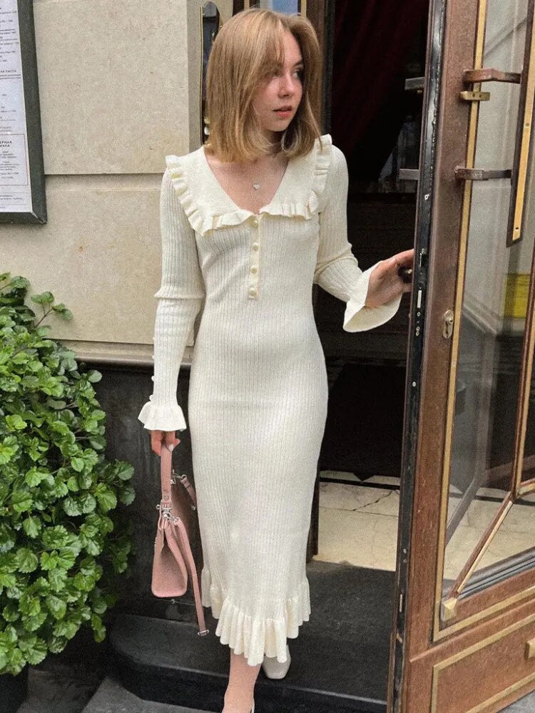 Vintage Woman's Retro Elegant Maxi Dress - High Waist Knitted Slim Long Dress for Women in Autumn and Winter