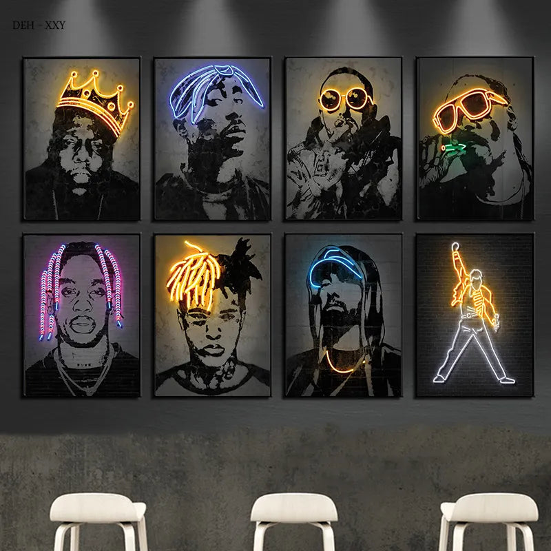 Neon Theme Rap Stars Wall Art - High Quality Graffiti Canvas Paintings for Home, Room, Studio, and Bar Decor