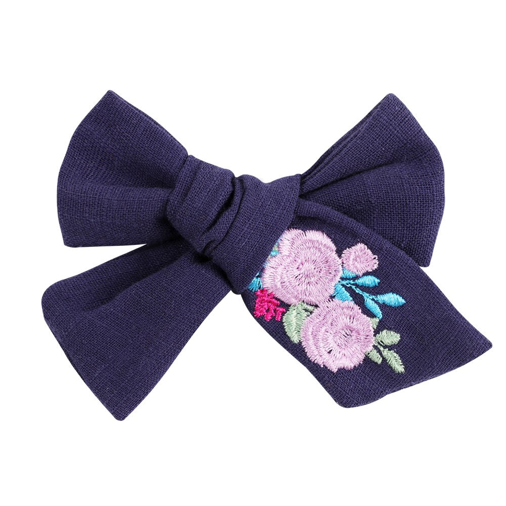 Cute Infant Spring Summer Hair Accessories - Baby Girls' Big Bows Hairclip Collection in Embroidered Cotton Linen Barrettes