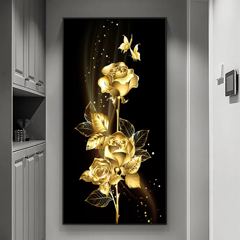 1pc Light Luxury Black Gold Rose and Butterfly Canvas Painting - Wall Art Decor - Living Room and Bedroom Poster