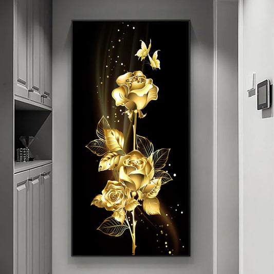 1pc Light Luxury Black Gold Rose and Butterfly Canvas Painting - Wall Art Decor - Living Room and Bedroom Poster
