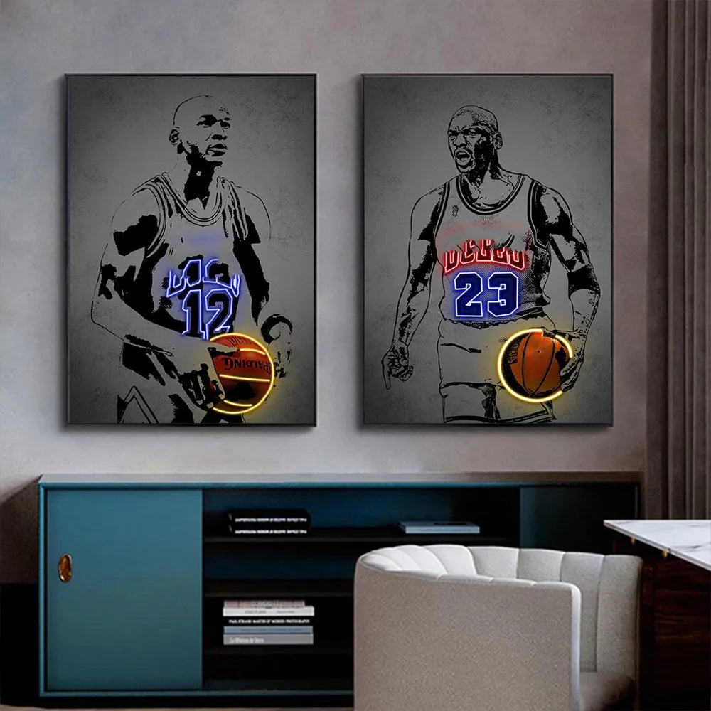 Neon Effect Sports Star Posters - Basketball and Football Graffiti Canvas Art Prints for Home Decor