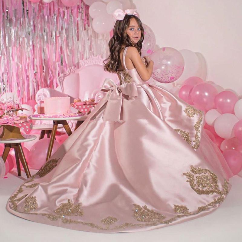 Princess Pink Satin Ball Gown - Girls' Pageant, Birthday, and First Communion Dress - Spaghetti Strap Appliqued Flower Girl Dress -