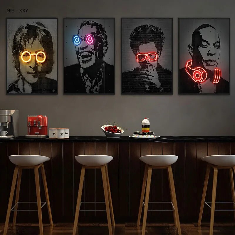 Neon Theme Rap Stars Wall Art - High Quality Graffiti Canvas Paintings for Home, Room, Studio, and Bar Decor