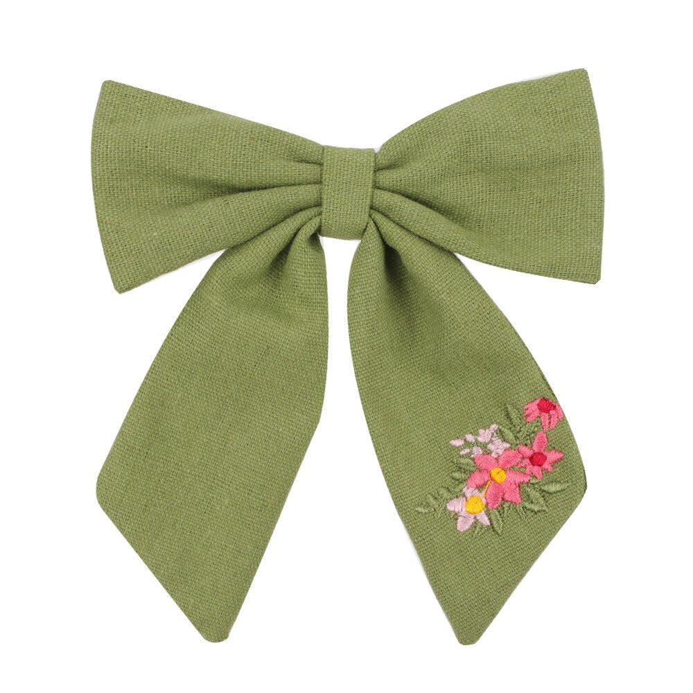 Cute Infant Spring Summer Hair Accessories - Baby Girls' Big Bows Hairclip Collection in Embroidered Cotton Linen Barrettes