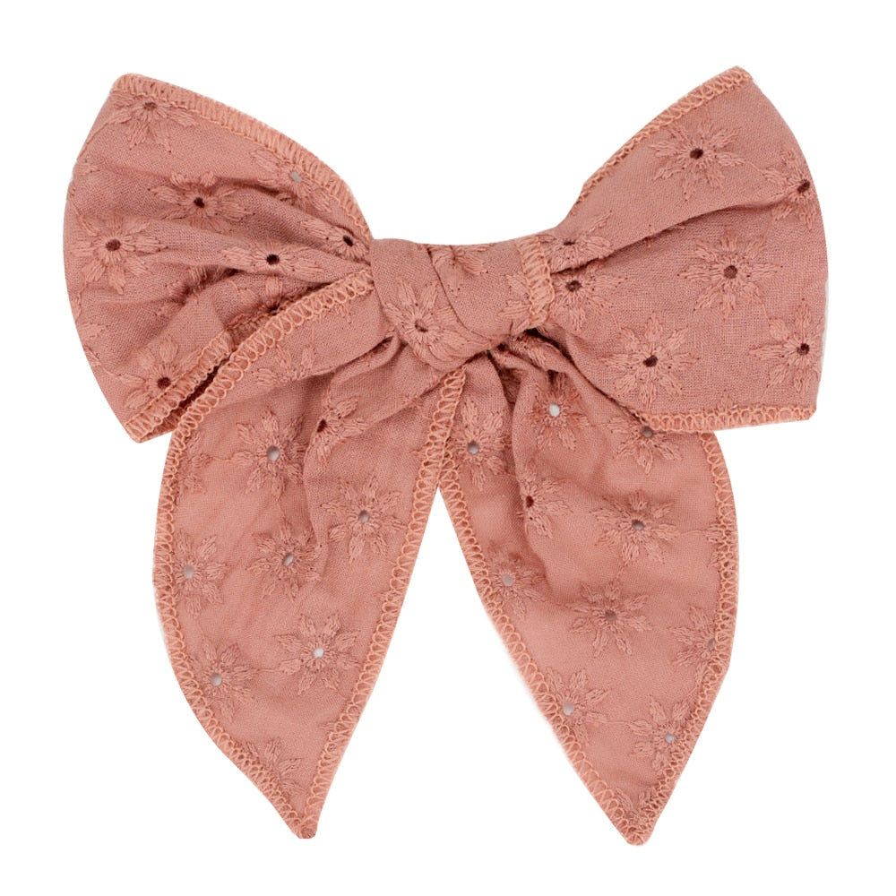 Cute Infant Spring Summer Hair Accessories - Baby Girls' Big Bows Hairclip Collection in Embroidered Cotton Linen Barrettes