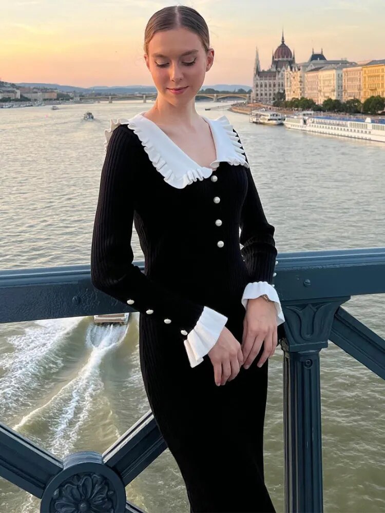 Vintage Woman's Retro Elegant Maxi Dress - High Waist Knitted Slim Long Dress for Women in Autumn and Winter
