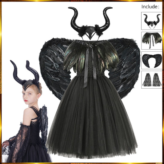 Deluxe Witch Halloween Costume for girls - Glam Gown with Feather Shawl - Girls' Fancy Dress as the Demon Queen Witch - Tutu Dress Collection