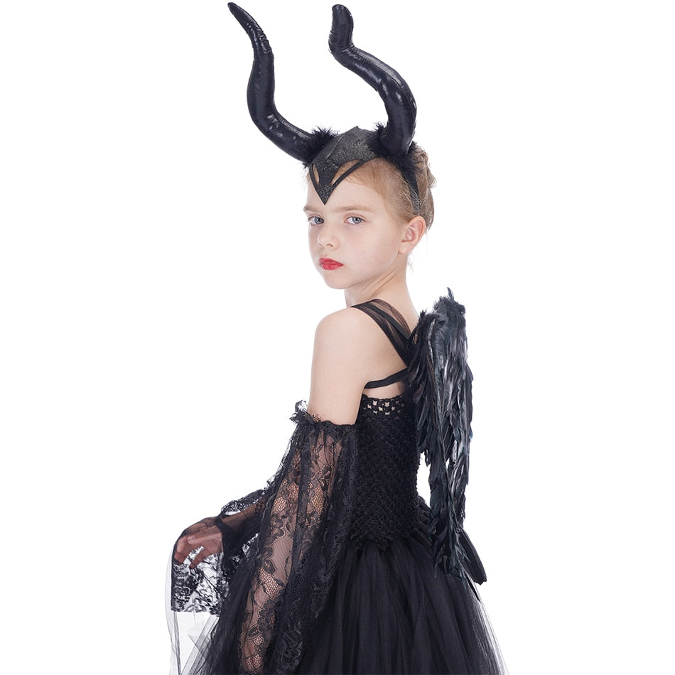 Deluxe Witch Halloween Costume for girls - Glam Gown with Feather Shawl - Girls' Fancy Dress as the Demon Queen Witch - Tutu Dress Collection