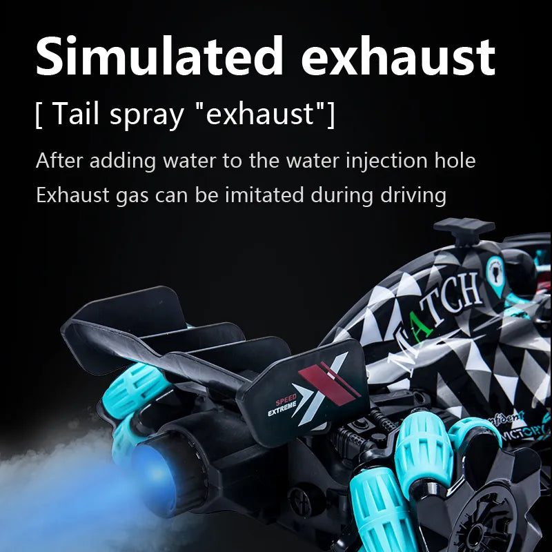 RC Drift Car with Music, LED Lights, and 2.4G Gesture Remote Control - 4WD Electric Stunt Car for Children, F2 Spray Radio Control Toy