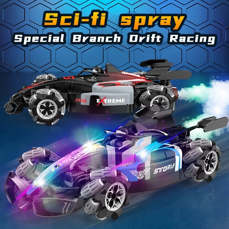 RC Drift Car with Music, LED Lights, and 2.4G Gesture Remote Control - 4WD Electric Stunt Car for Children, F2 Spray Radio Control Toy