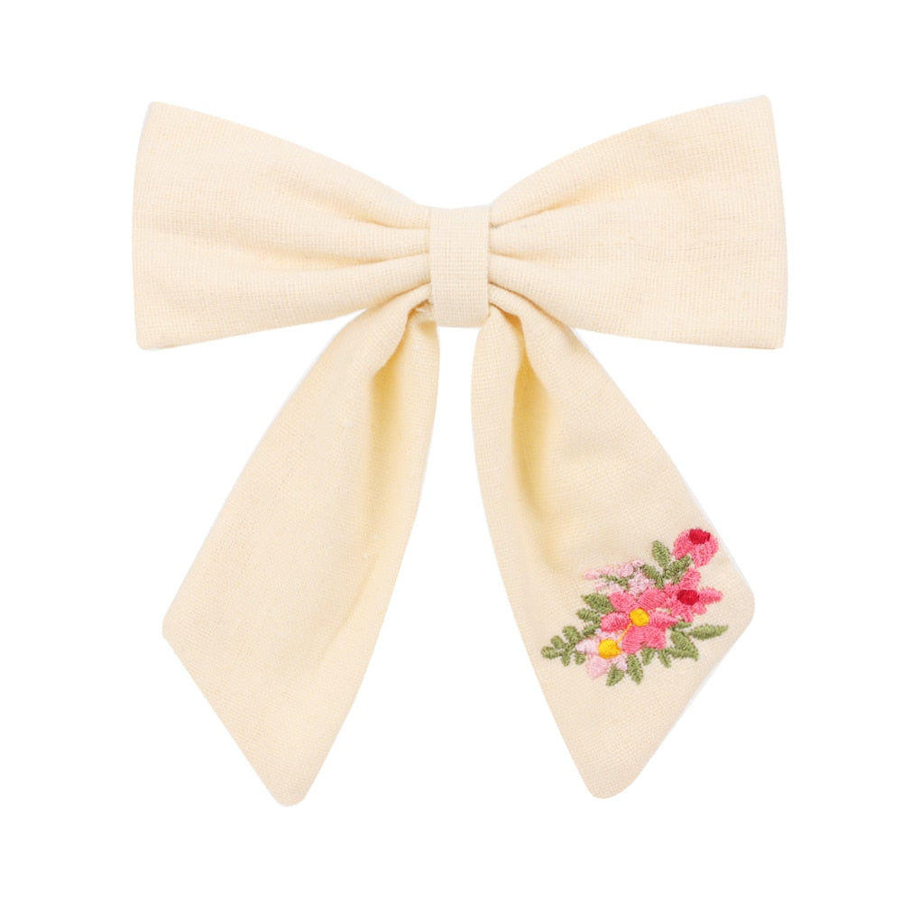 Cute Infant Spring Summer Hair Accessories - Baby Girls' Big Bows Hairclip Collection in Embroidered Cotton Linen Barrettes