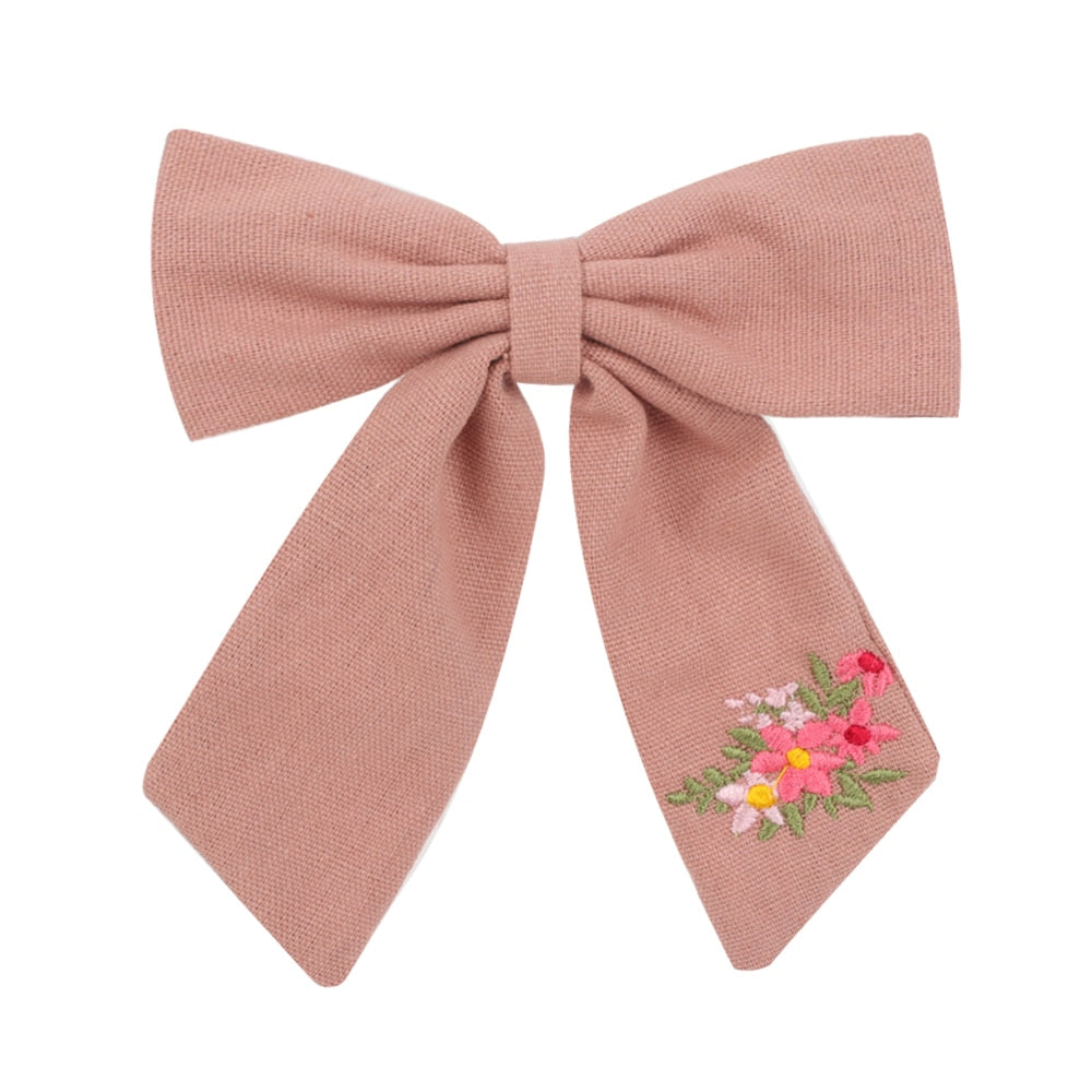Cute Infant Spring Summer Hair Accessories - Baby Girls' Big Bows Hairclip Collection in Embroidered Cotton Linen Barrettes