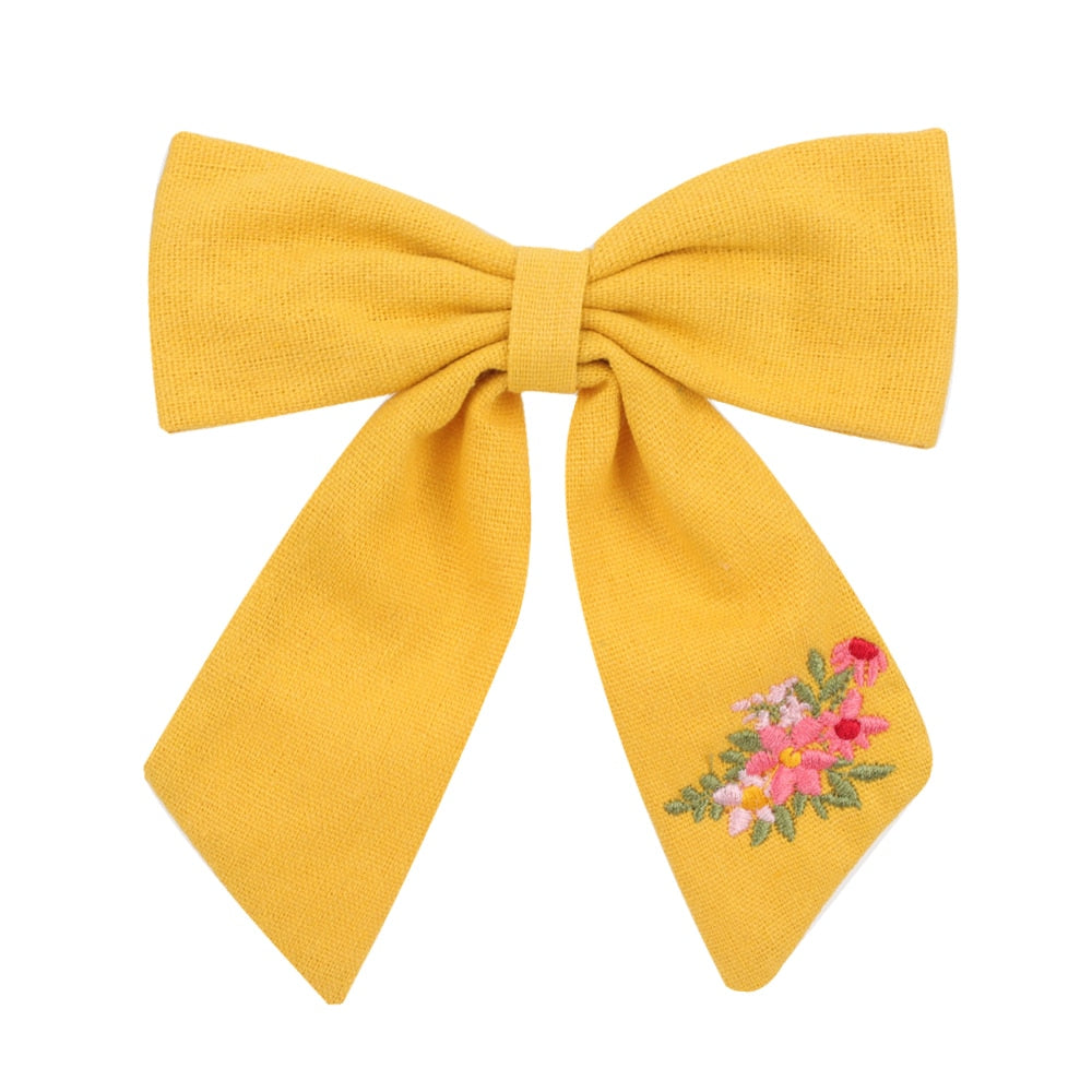 Cute Infant Spring Summer Hair Accessories - Baby Girls' Big Bows Hairclip Collection in Embroidered Cotton Linen Barrettes