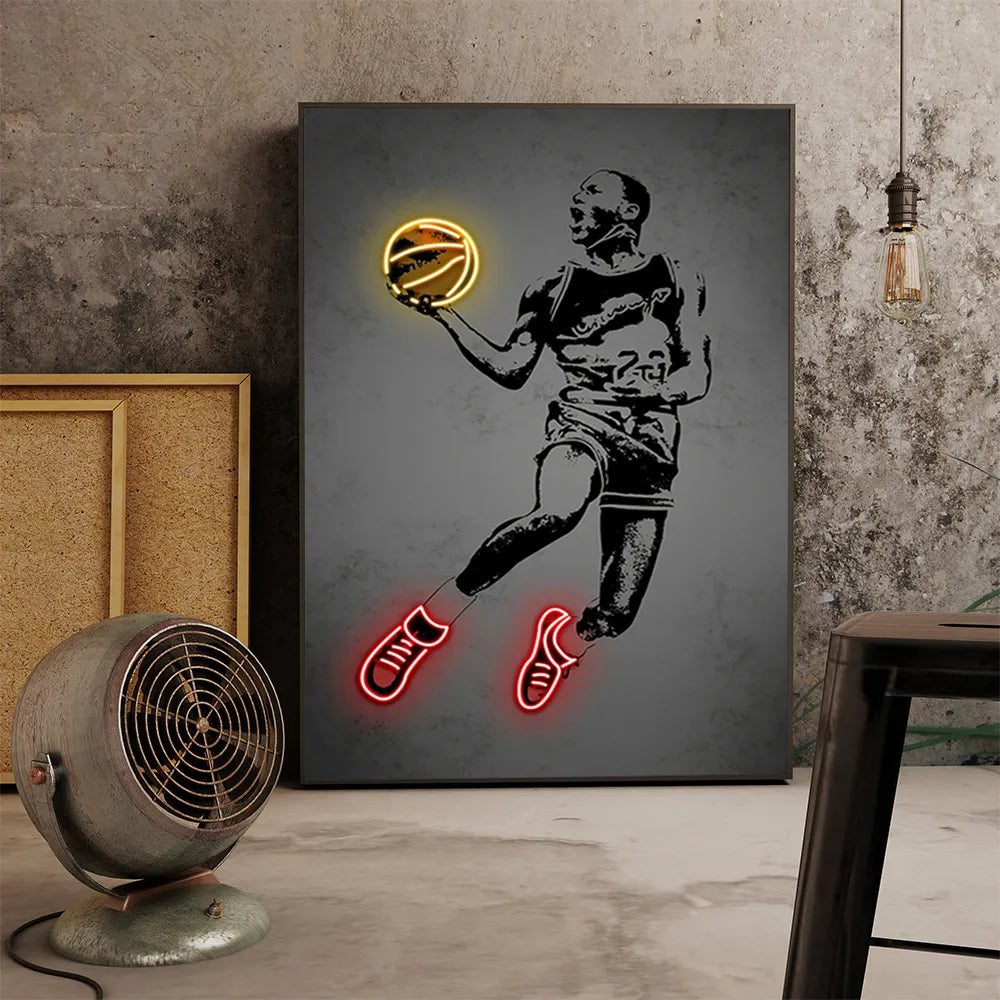 Neon Effect Sports Star Posters - Basketball and Football Graffiti Canvas Art Prints for Home Decor
