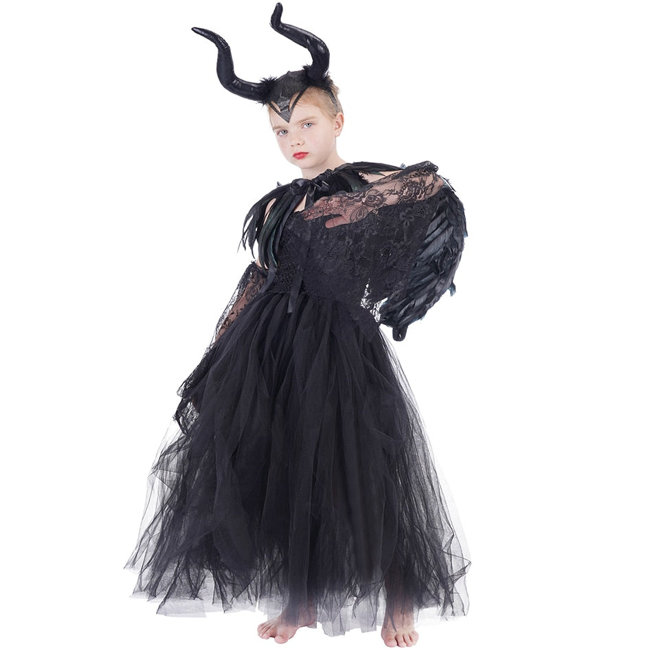 Deluxe Witch Halloween Costume for girls - Glam Gown with Feather Shawl - Girls' Fancy Dress as the Demon Queen Witch - Tutu Dress Collection