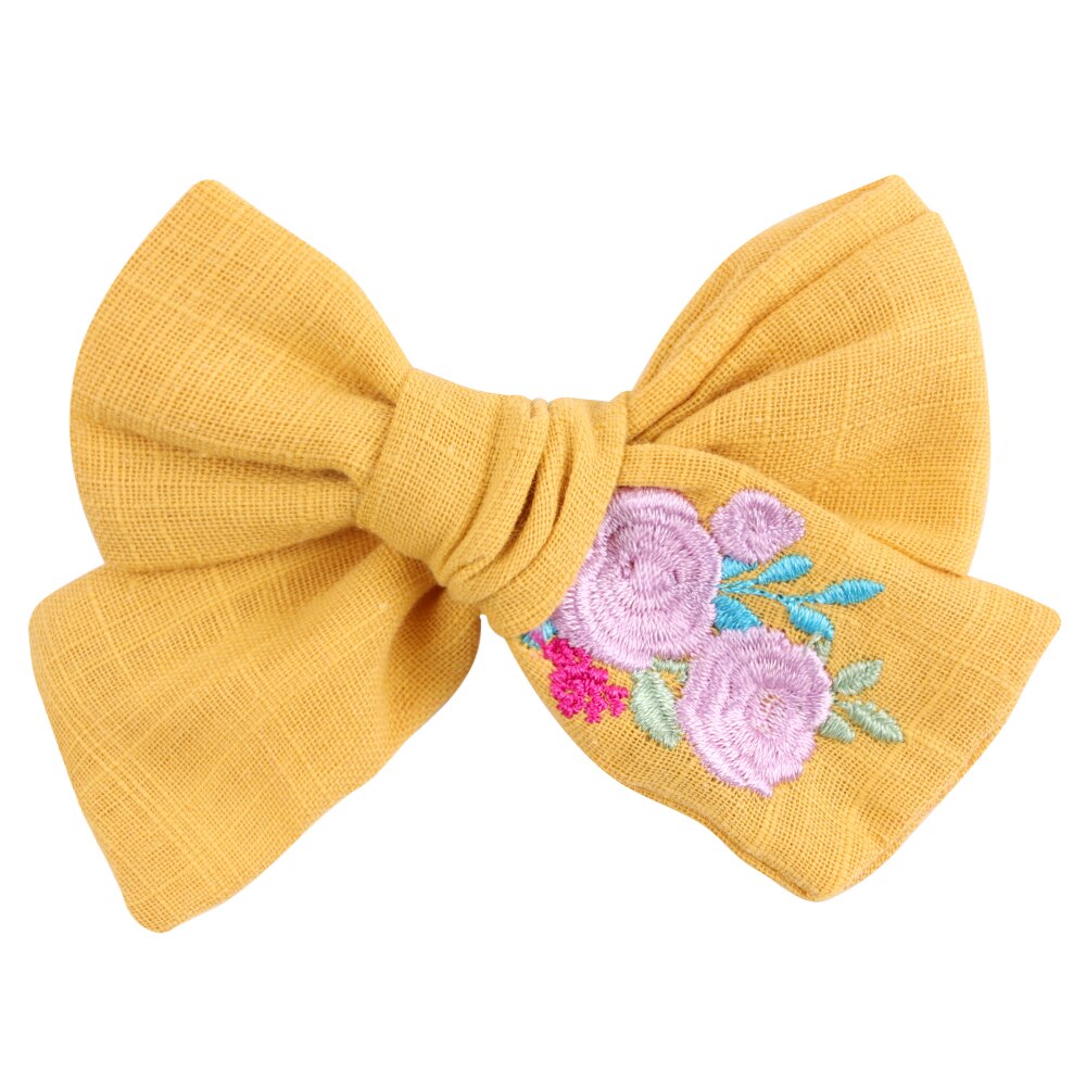 Cute Infant Spring Summer Hair Accessories - Baby Girls' Big Bows Hairclip Collection in Embroidered Cotton Linen Barrettes