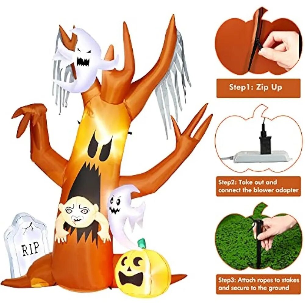 8FT Halloween Inflatable Ghost Tree with Scary Music and Built-in LEDs - Spooky Outdoor Decorations 7day delivery USA ONLY
