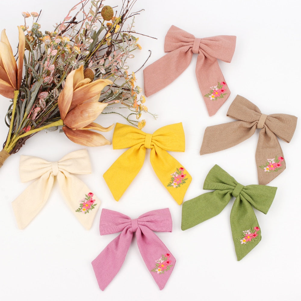 Cute Infant Spring Summer Hair Accessories - Baby Girls' Big Bows Hairclip Collection in Embroidered Cotton Linen Barrettes