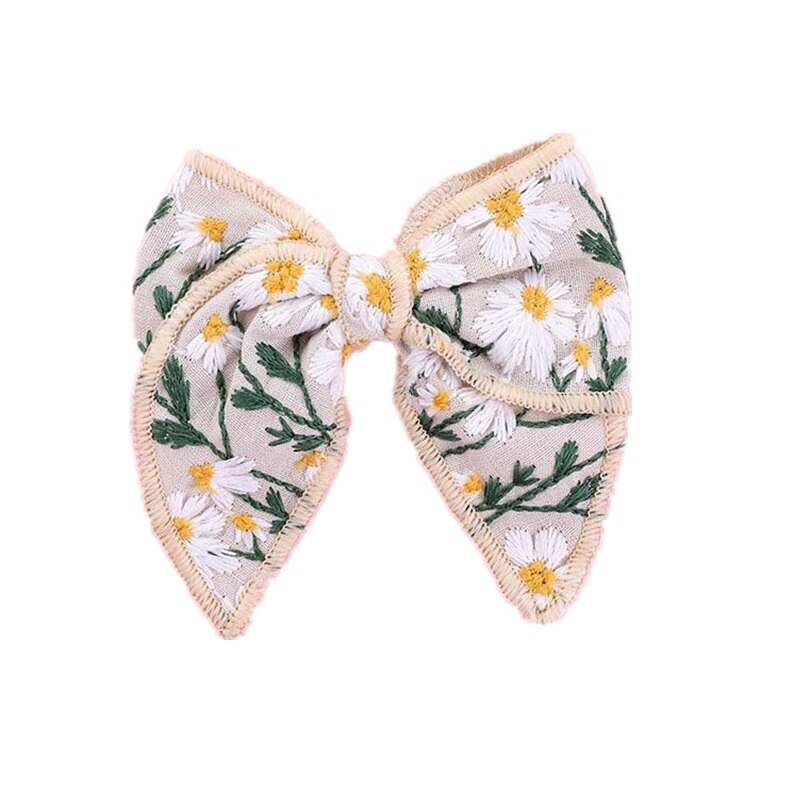 Cute Infant Spring Summer Hair Accessories - Baby Girls' Big Bows Hairclip Collection in Embroidered Cotton Linen Barrettes