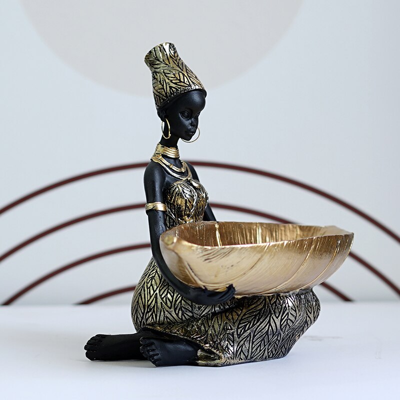 Exquisite Resin Exotic African Woman Storage Figurine - African Inspired Home Desktop Decor - Keys/fruits/Candy Bowl - Craft Objects