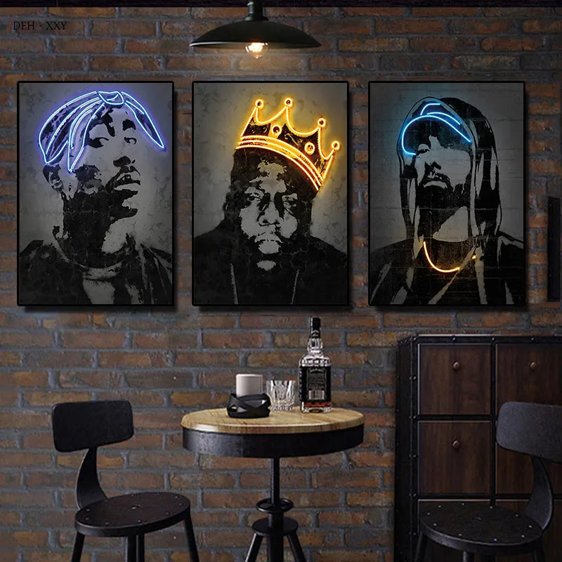 Neon Theme Rap Stars Wall Art - High Quality Graffiti Canvas Paintings for Home, Room, Studio, and Bar Decor