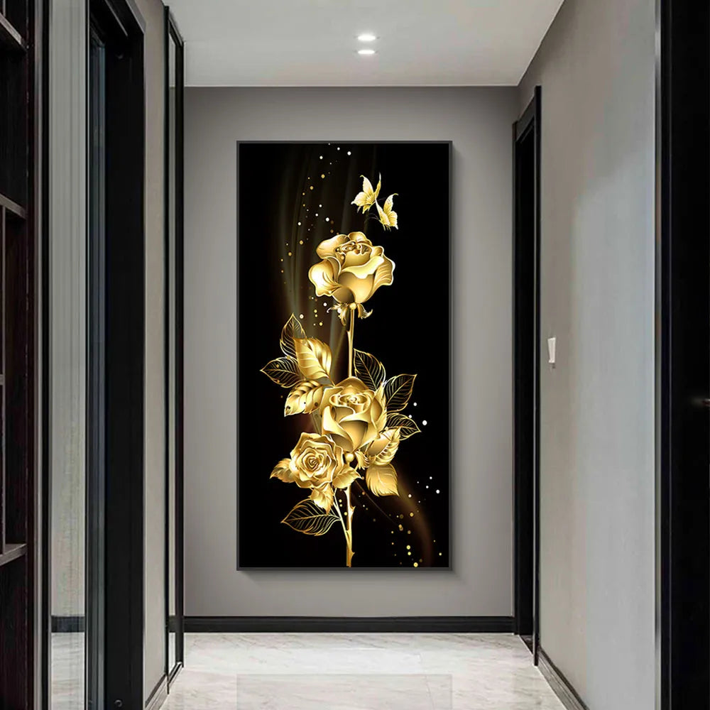 1pc Light Luxury Black Gold Rose and Butterfly Canvas Painting - Wall Art Decor - Living Room and Bedroom Poster